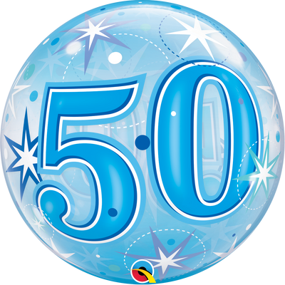 BUBBLE BALLOON 55CM - BLUE STARBURST SPARKLE 50TH BIRTHDAY