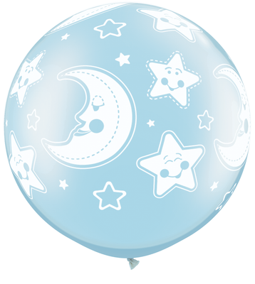 LATEX JUMBO PRINTED BALLOON 90CM - BABY MOON & STARS PEARL LIGHT BLUE