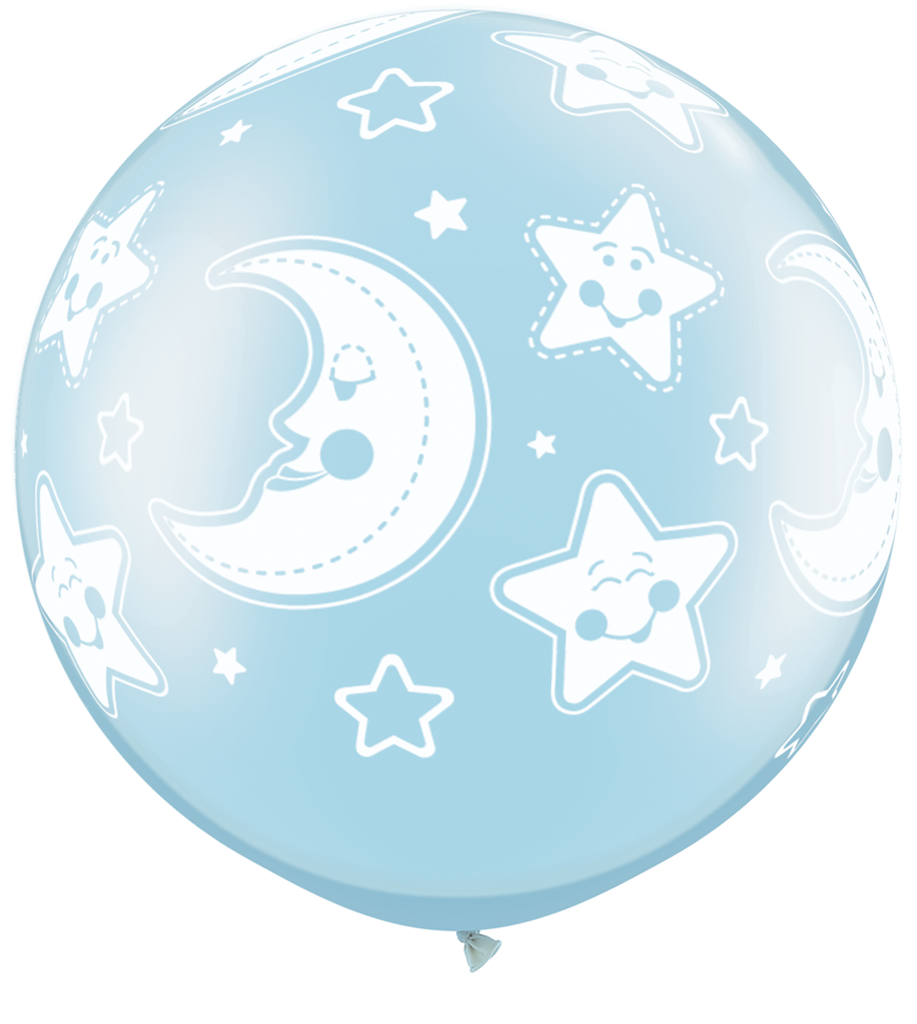 LATEX JUMBO PRINTED BALLOON 90CM - BABY MOON & STARS PEARL LIGHT BLUE PK 2