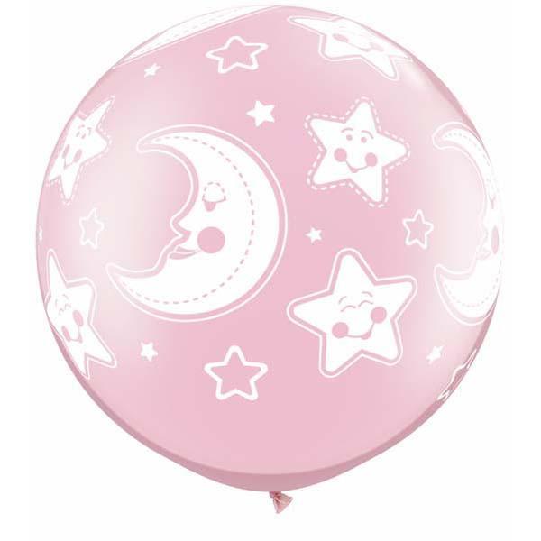 LATEX JUMBO PRINTED BALLOON 90CM - BABY MOON & STARS PEARL PINK