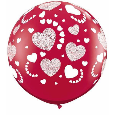 LATEX JUMBO PRINTED BALLOON 90CM - ETCHED HEARTS RUBY RED