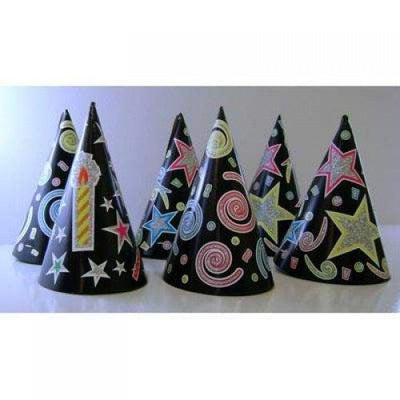 PARTY CONE HATS BLACK PRINTED WITH GLITTER 6PCS