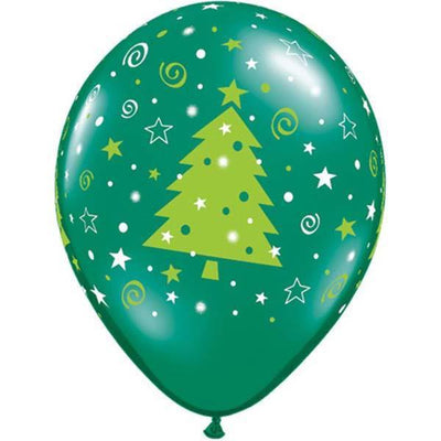 PRINTED LATEX BALLOON 28CM - CHRISTMAS TREES STARS & SWIRLS GREEN