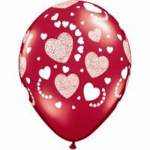 PRINTED LATEX BALLOON 28CM - ETCHED HEARTS RED PK 25